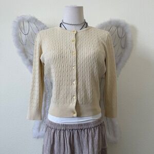 Butter Yellow Silk Blend Cable Knit Cardigan Sweater Feminine Cottagecore Girly